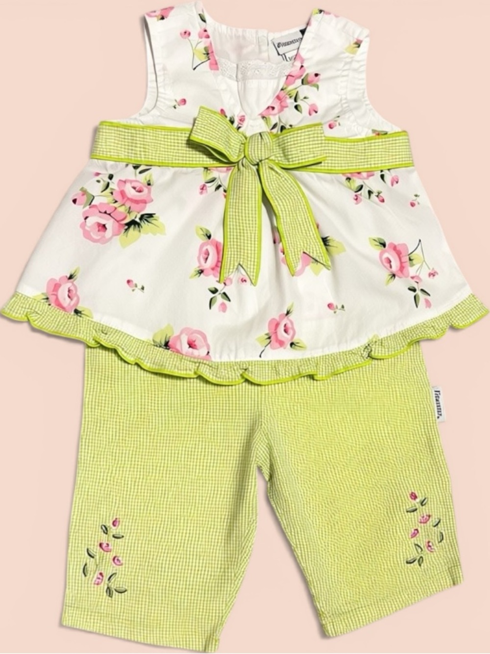 Vintage Floral White & Lime Gingham Two-Piece Set by Vitamins Kids | Girls 24M